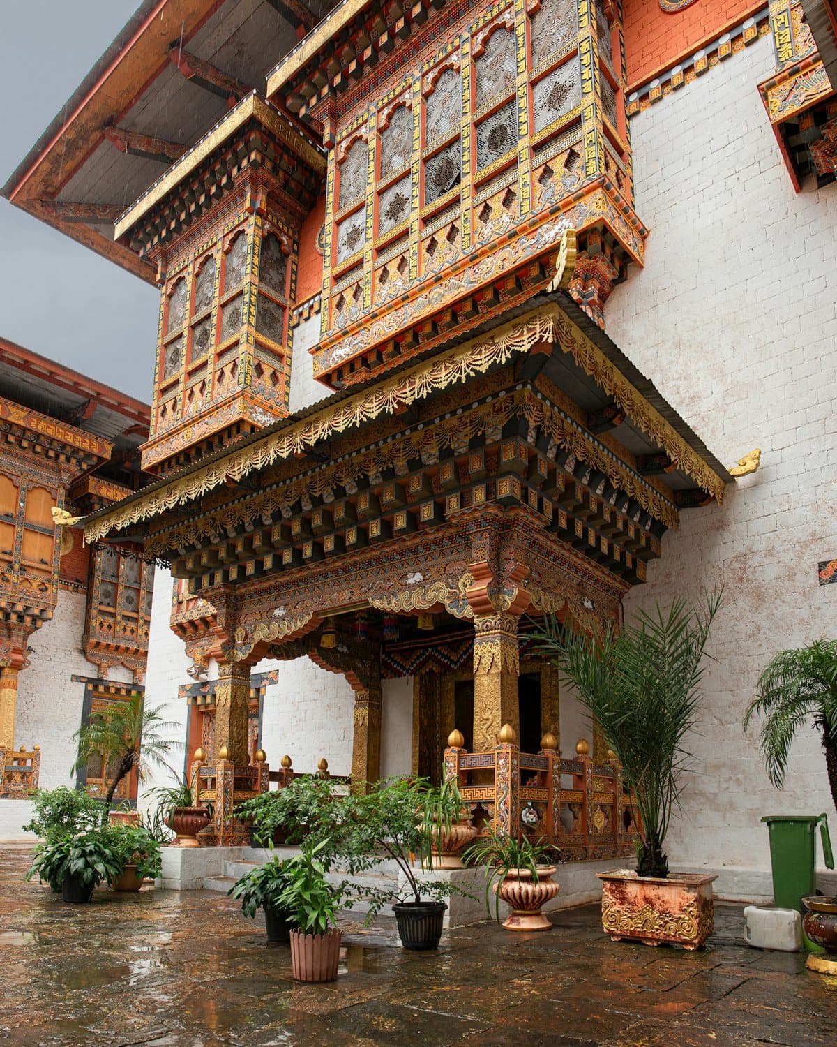 Painted woodwork in a Bhutanese dzong courtyard